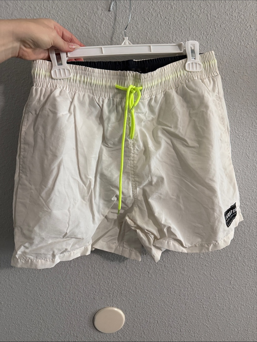 Men's White Swim Trunks with Neon Yellow Drawstring